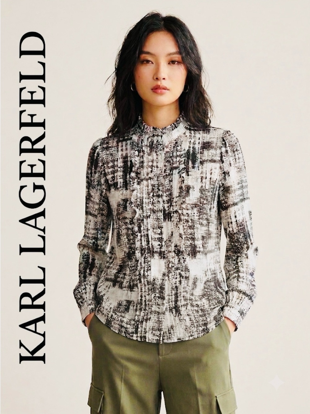 Karl Lagerfeld Paris Women Black White Abstract Ruffle Long Sleeve Blouse Medium